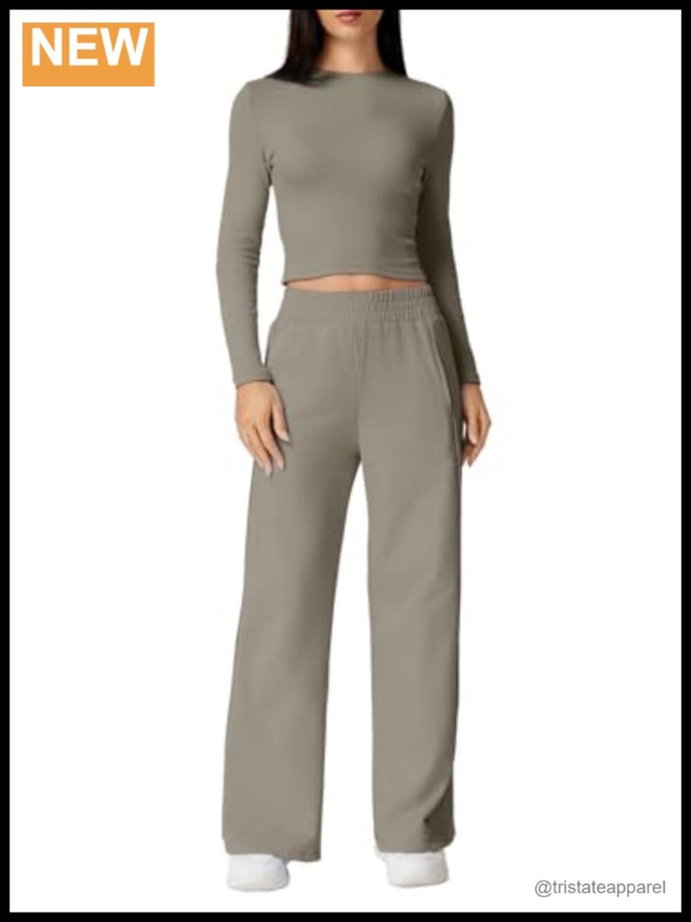 Women's 2 Piece Ribbed Knit Lounge Set Long Sleeve Crop Top Wide Leg Pants